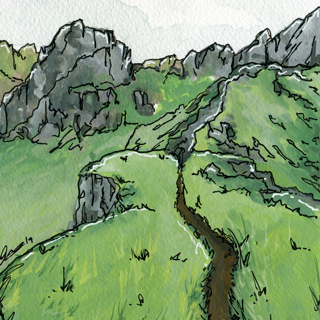 Close up detail of Grass ridgetop landscape study in watercolor, gouache and ink painting from Joan and Rose 